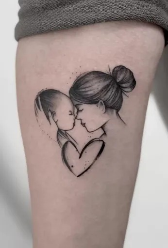 A Kiss of Love: Mother and Baby with a Heart Outline Tattoo Design
