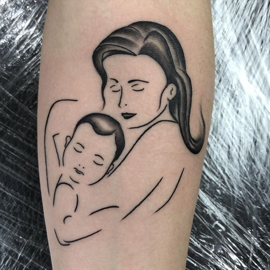 A Mother Hugging Her Two Children Tattoo Design