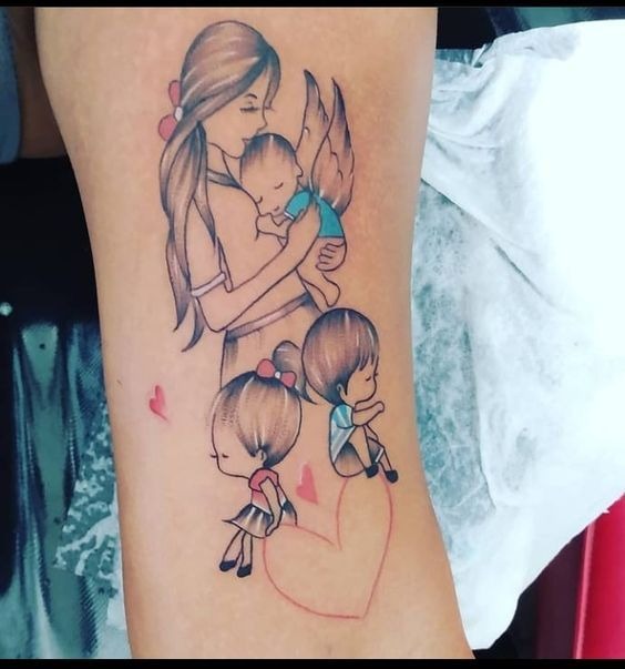 A Mother Sitting with Her Two Sons Under the Stars Tattoo Design