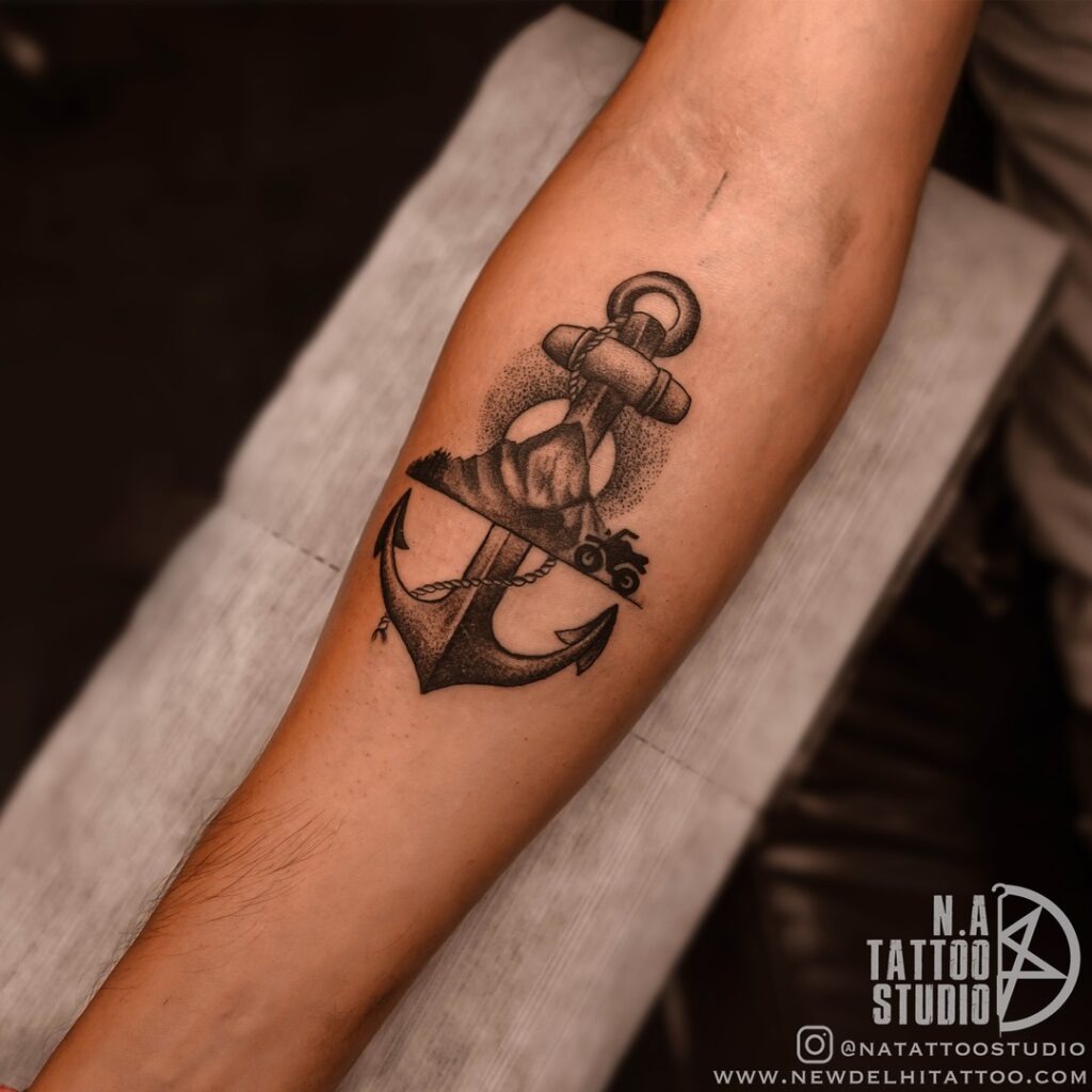 Anchor and Mountain Landscape Tattoo Tattoo Design