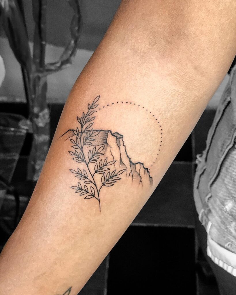 Mountain and Botanical Circle Tattoo Tattoo Design