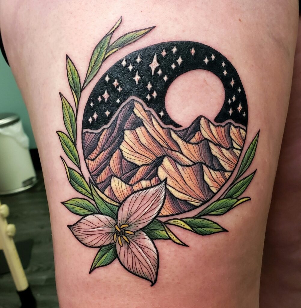 Mountain and Night Sky Tattoo with Flower Tattoo Design