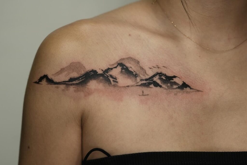 Mountain Landscape with a Boat Tattoo Tattoo Design