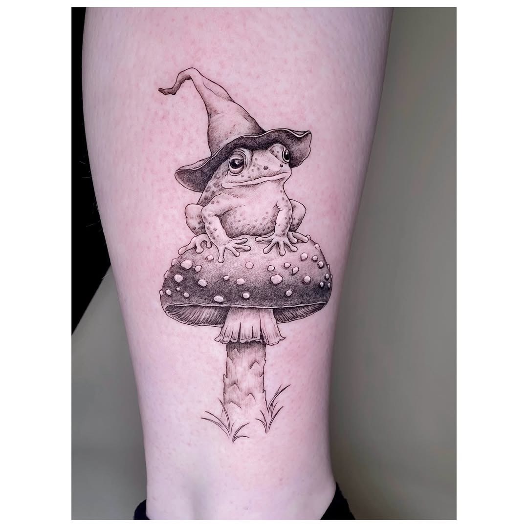 Enchanting frog on a whimsical mushroom Tattoo Design