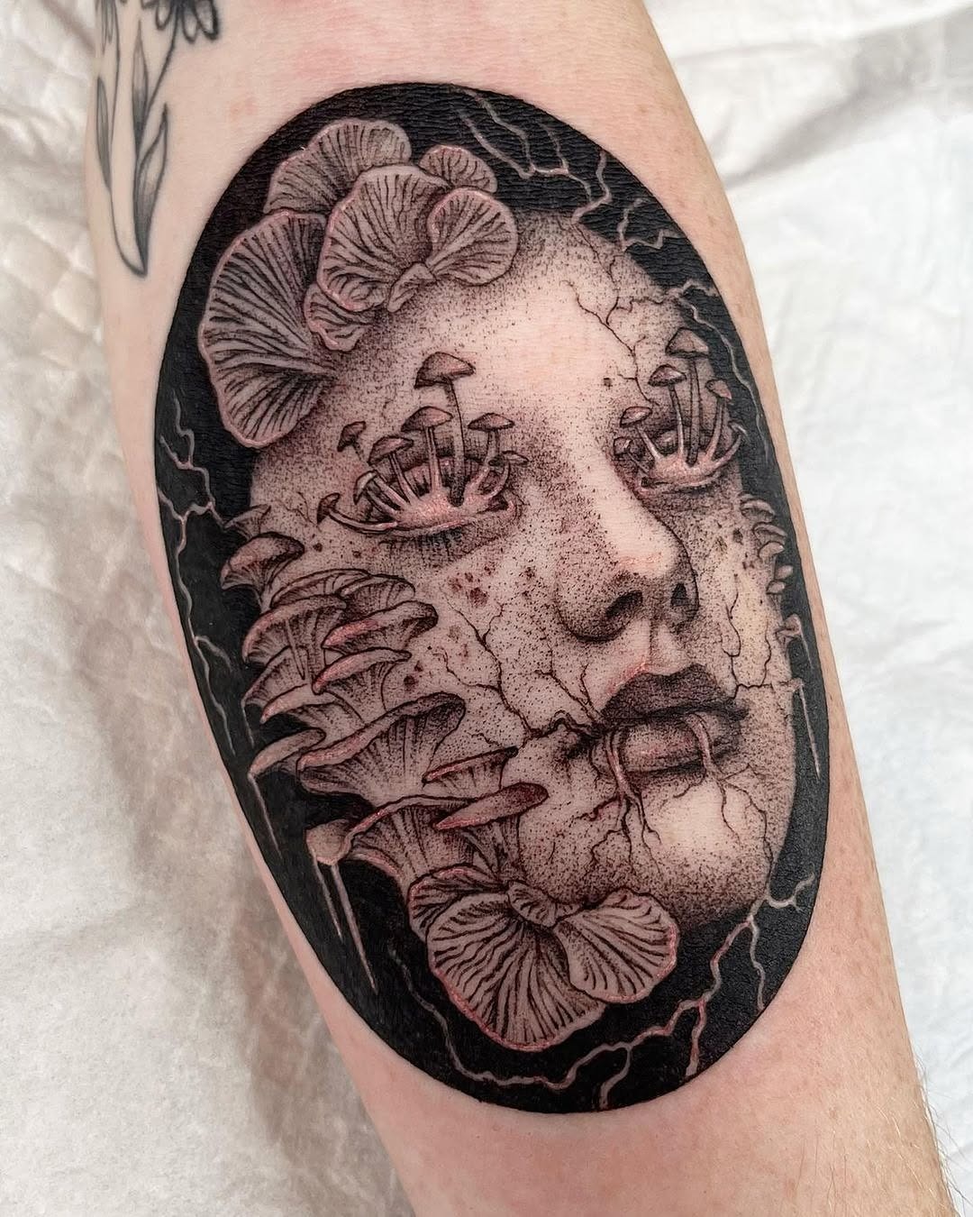 Intricate and surreal mushroom face tattoo design Tattoo Design
