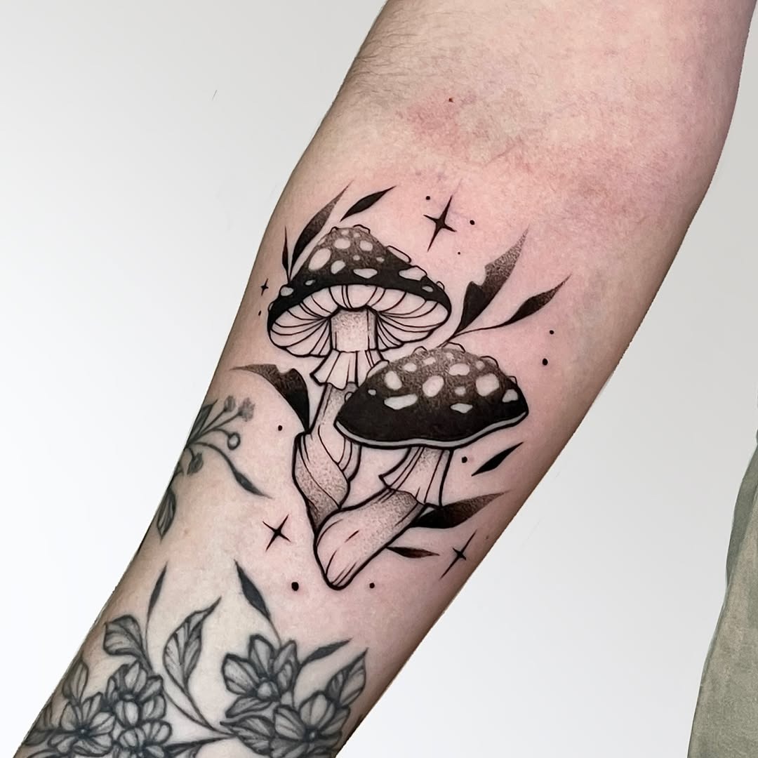 Intricate black ink mushroom tattoo design Tattoo Design