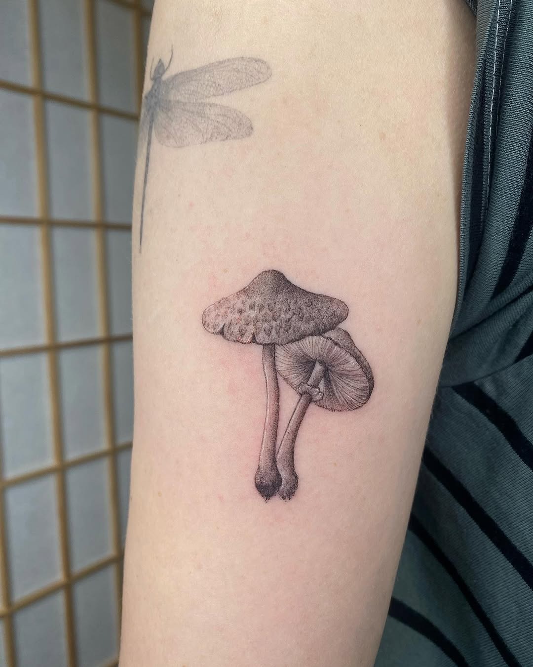 Intricate Mushroom Tattoo with Dragonfly Detail Tattoo Design