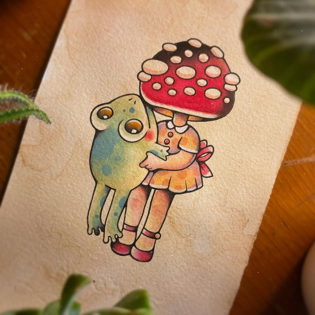 Playful Mushroom-Frog Tattoo in Bright Colors Tattoo Design