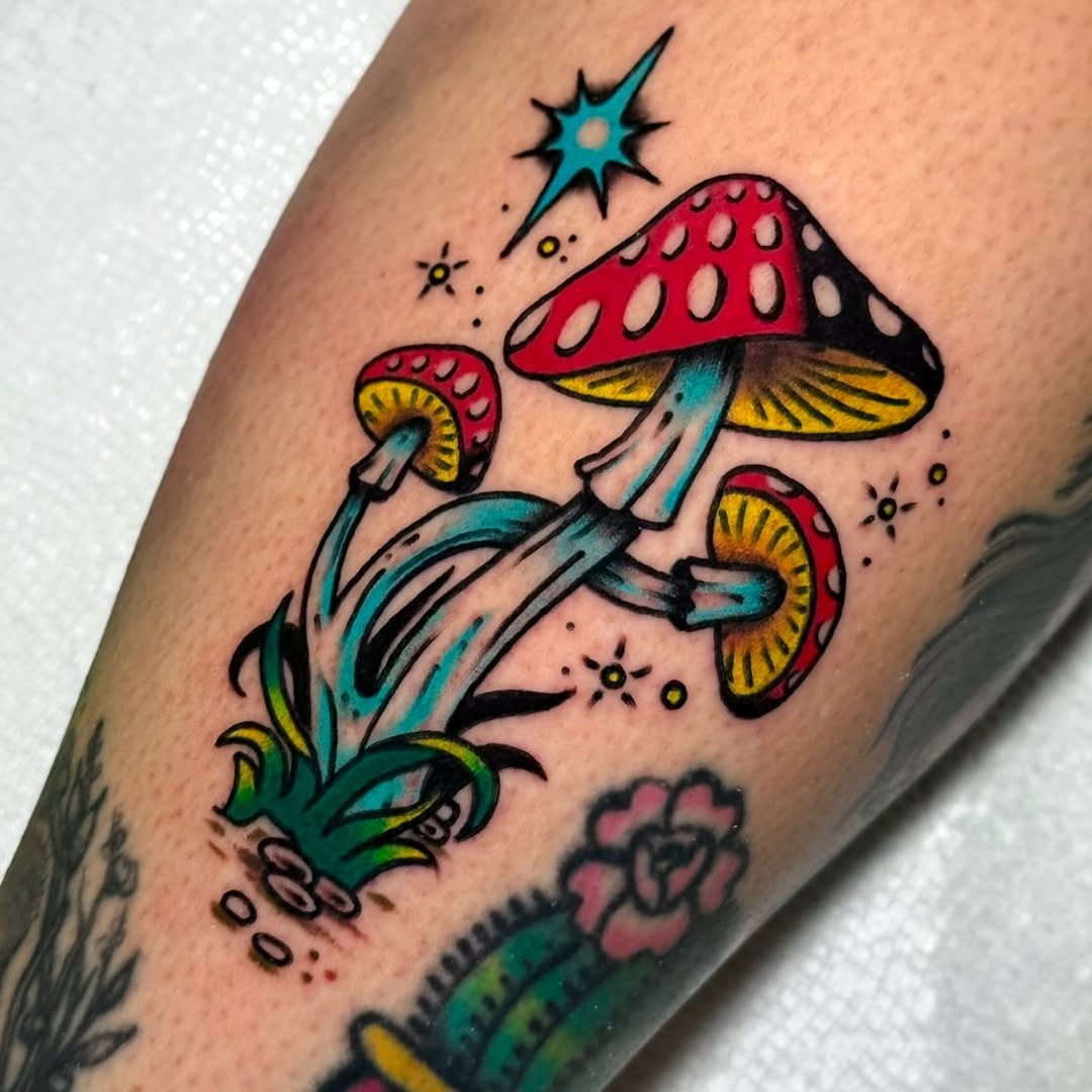 Vibrant mushroom tattoo with whimsical elements Tattoo Design