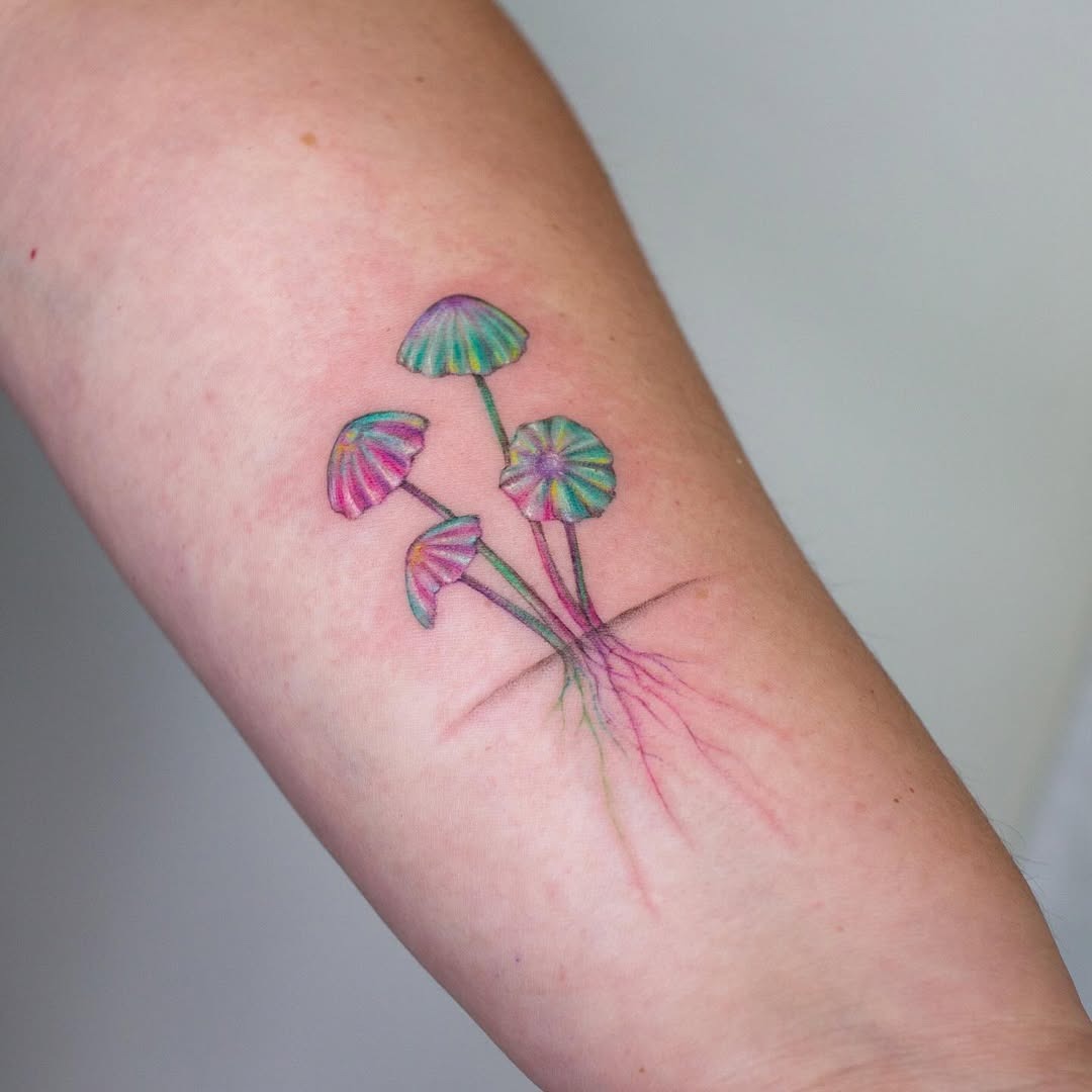 Vibrant mushrooms with intricate root designs Tattoo Design