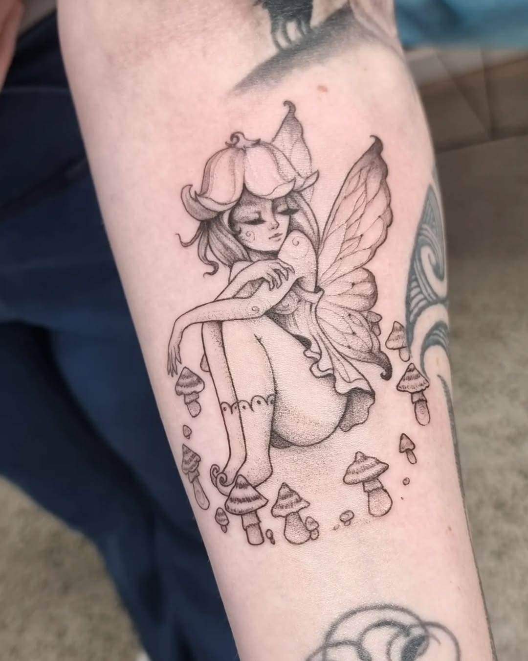 Whimsical fairy with mushroom companions design Tattoo Design