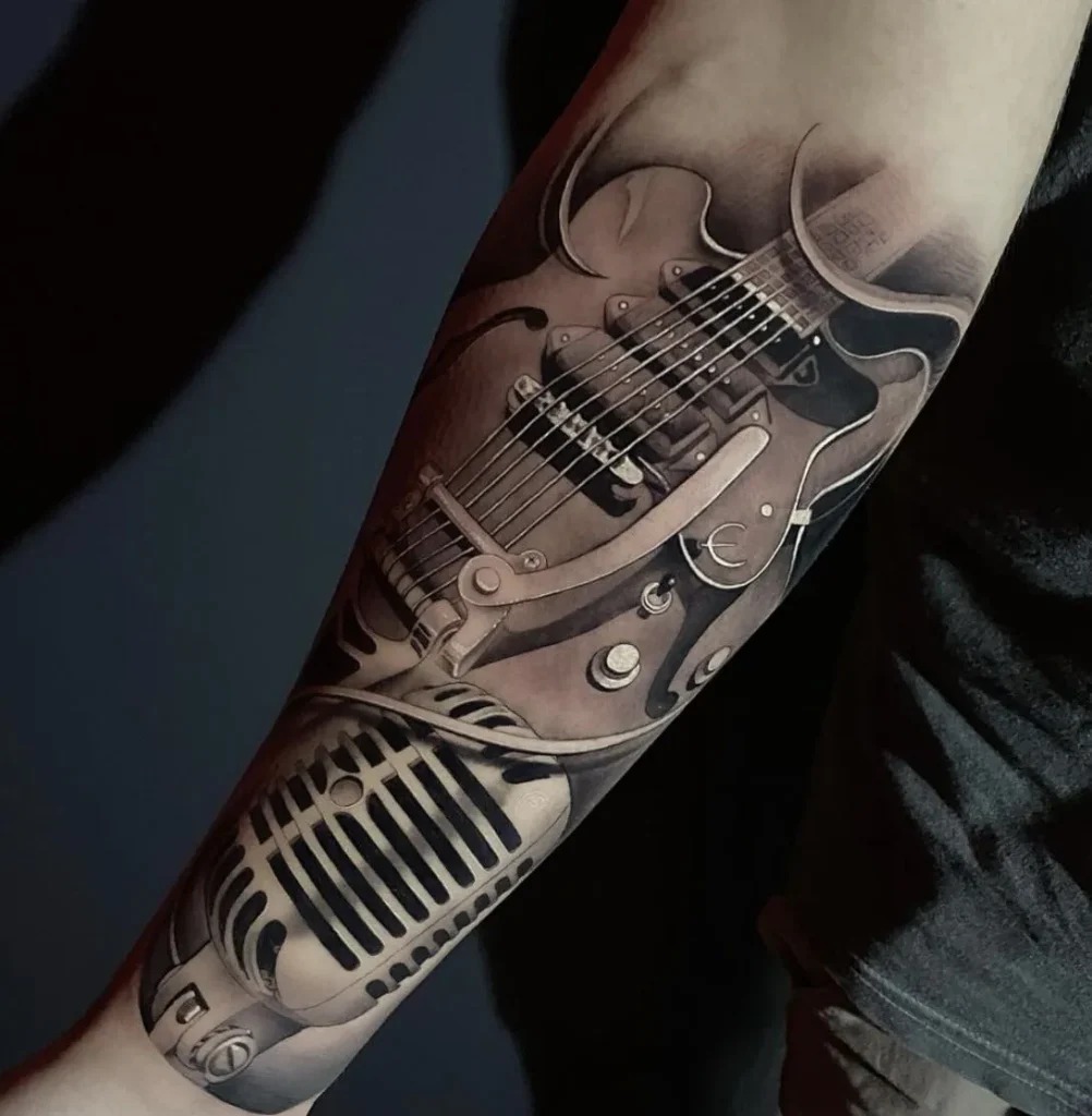 Electric Guitar and Microphone Fusion Tattoo Design