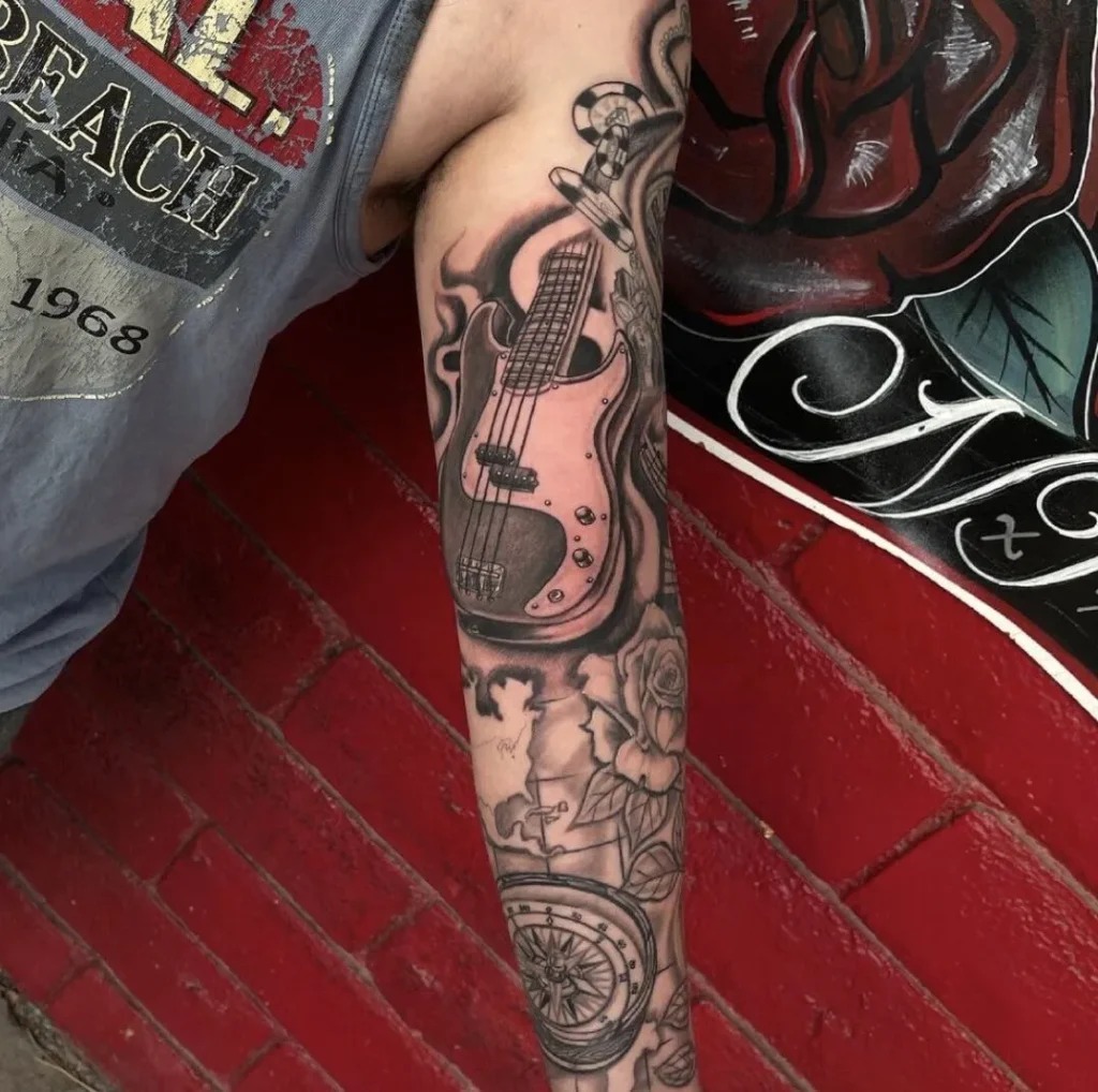 Full-Sleeve Guitar and Rose Tattoo Tattoo Design