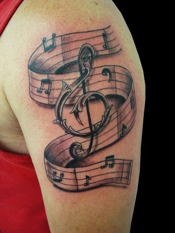 Musical Notes on a Flowing Ribbon Tattoo Design