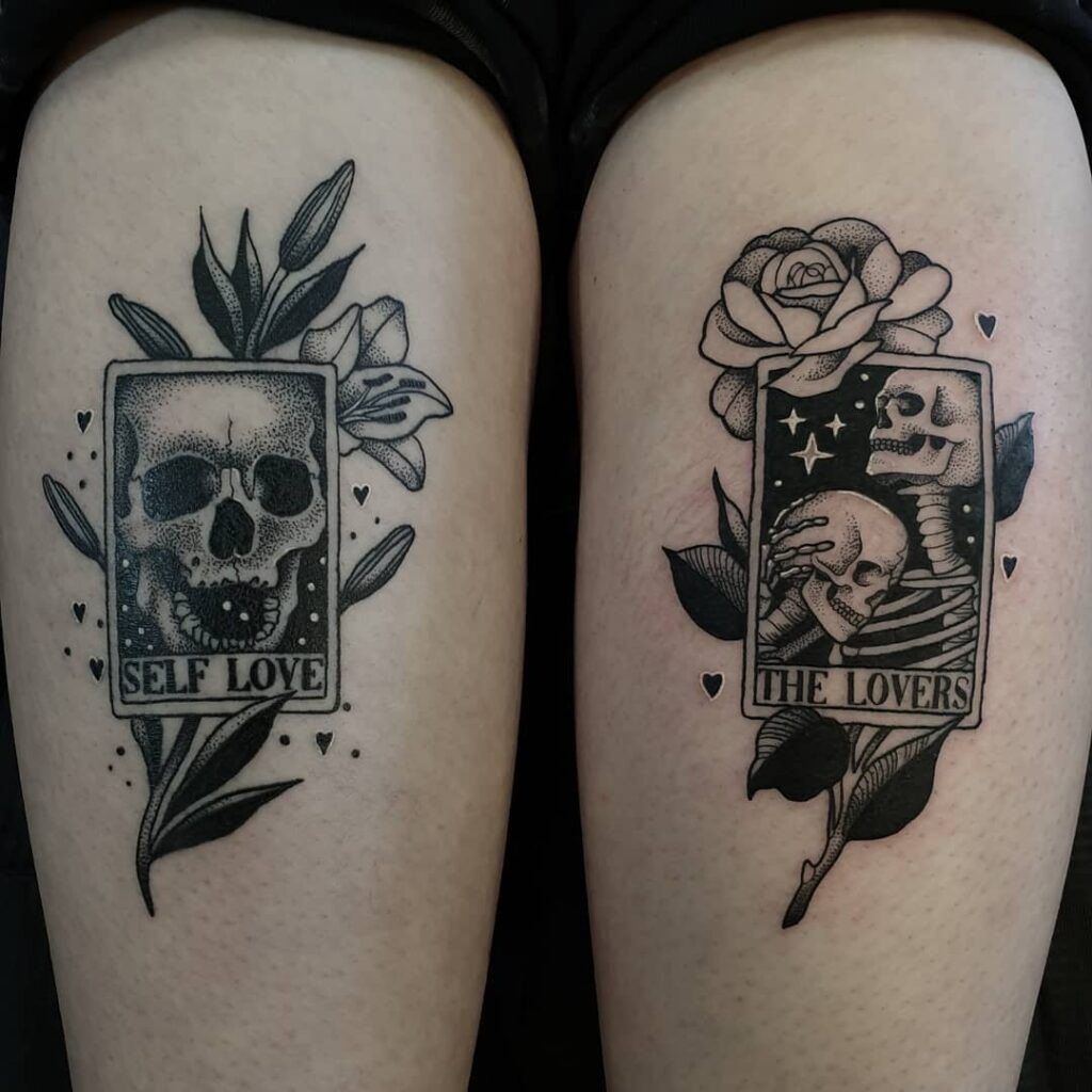 Dual Tarot Skull Tattoos - Self Love and The Lovers Tattoo Design
