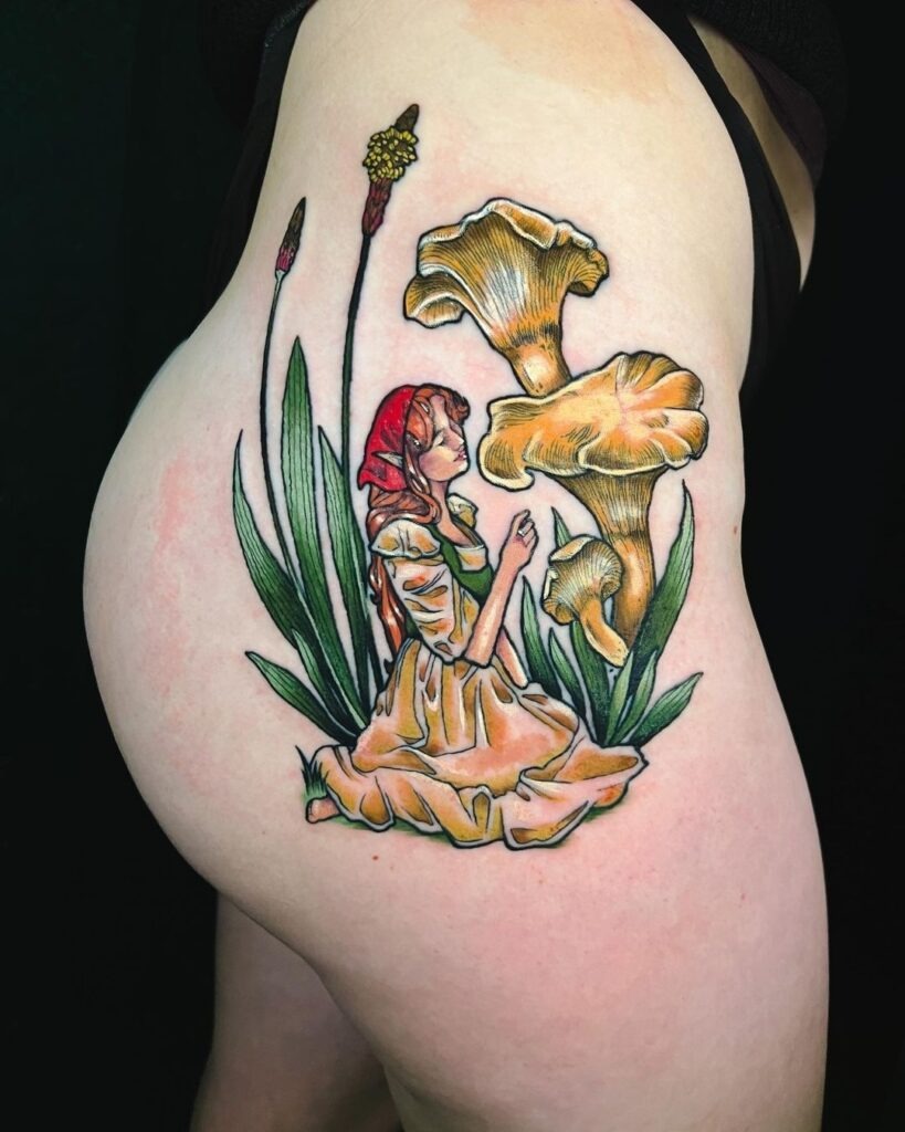 Forest Maiden with Mushrooms Tattoo Tattoo Design
