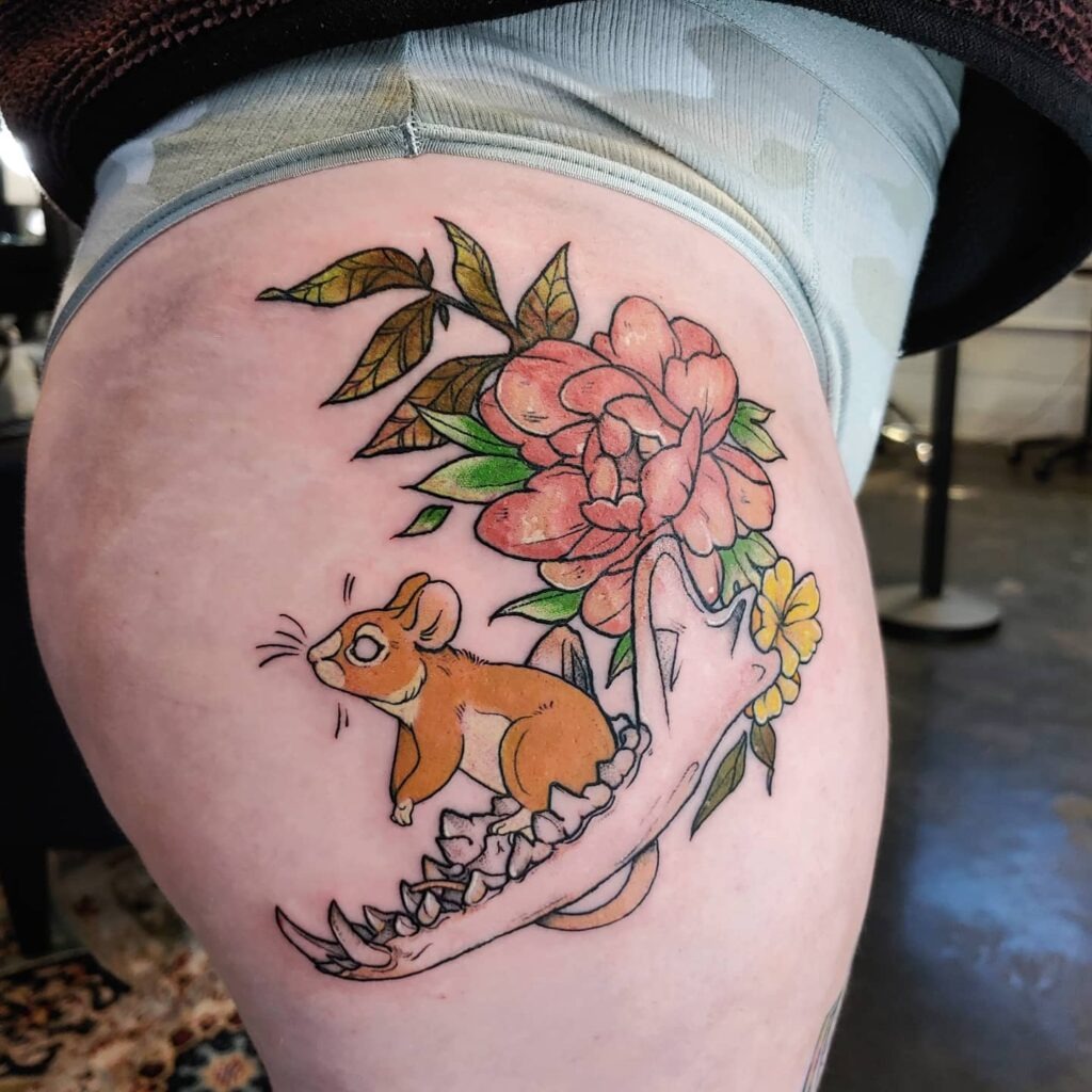 Mouse with Flowers and Jawbone Tattoo Tattoo Design