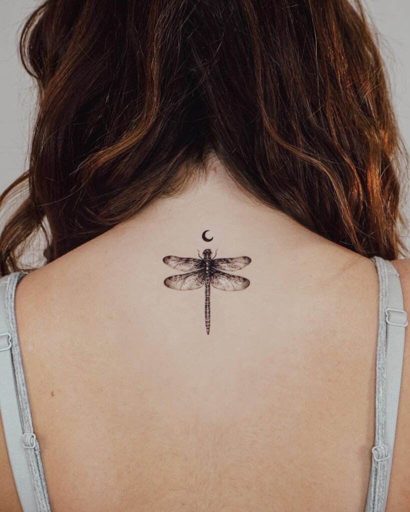 Mystical Dragonfly with Crescent Moon Tattoo Tattoo Design