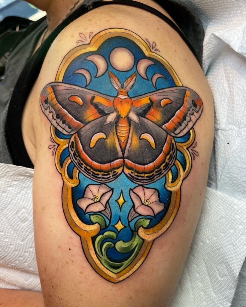 Vibrant Moth and Moon Phases Tattoo with Floral Accents Tattoo Design