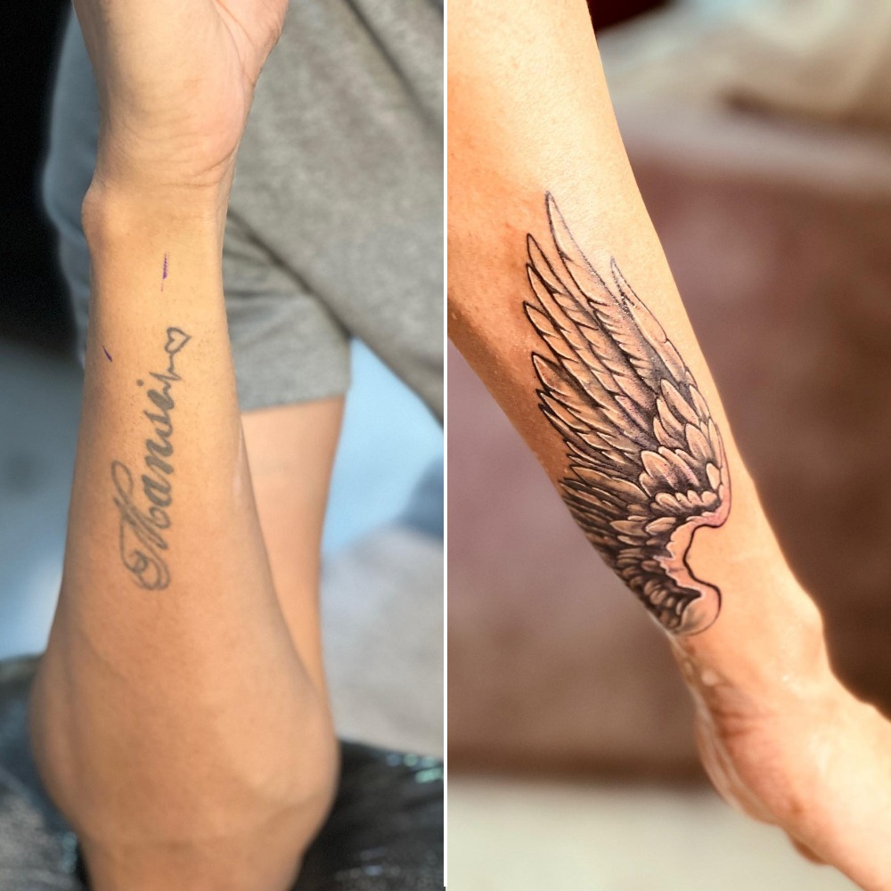 Angel Wing Forearm Tattoo Covering Name and Heartbeat Tattoo Design
