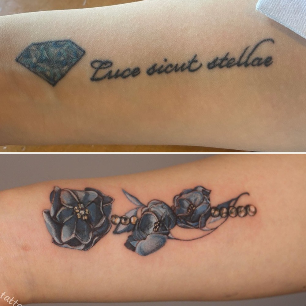 Blue Floral and Beads Script Cover-Up Tattoo Tattoo Design