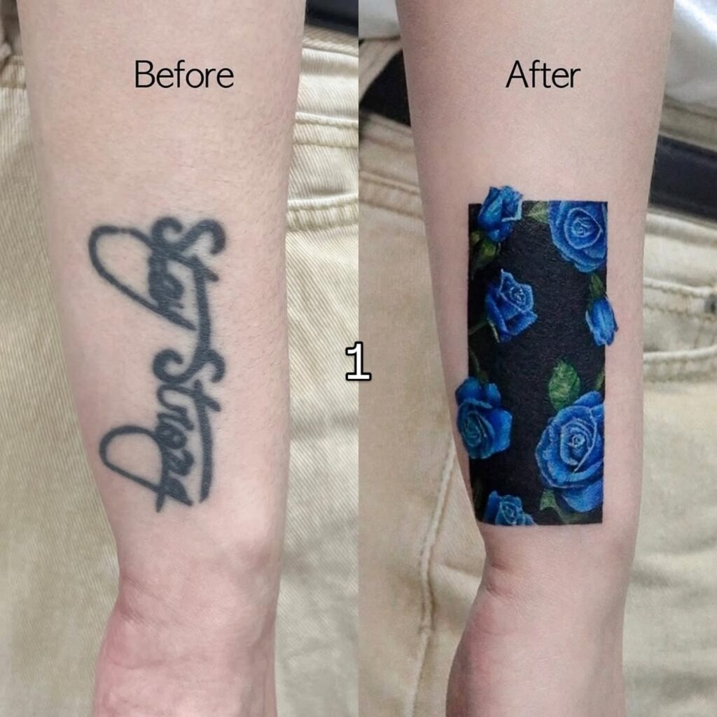 Blue Rose Block Name Cover-Up Tattoo Tattoo Design
