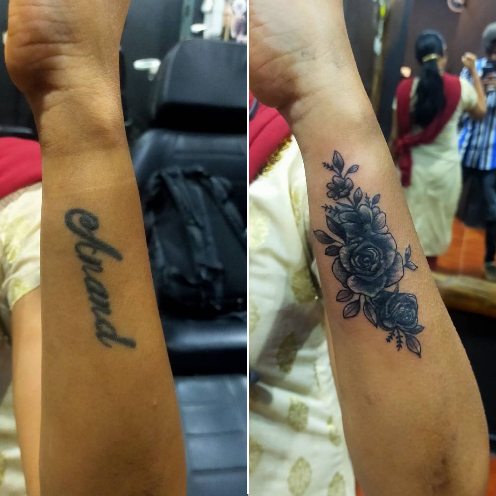 Bold Black Rose Name Cover-Up Tattoo Tattoo Design