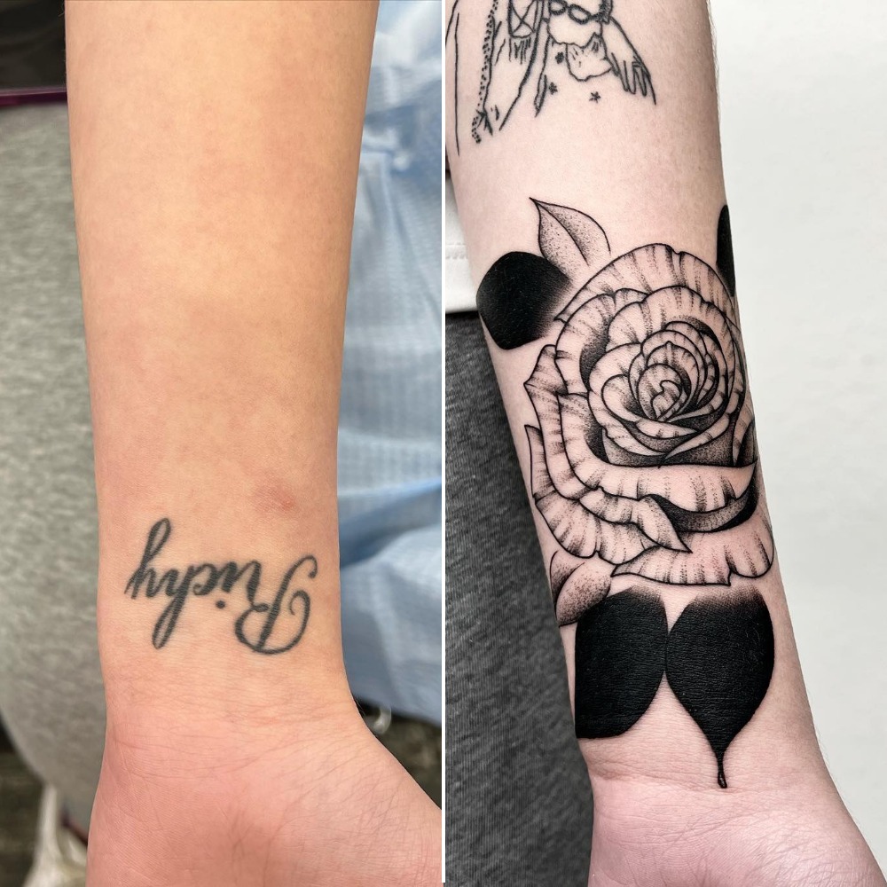 Bold Black Rose Name Cover-Up Tattoo Tattoo Design
