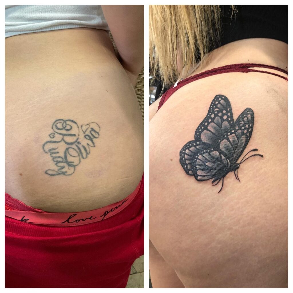 Bold Butterfly Name Cover-Up Tattoo Tattoo Design