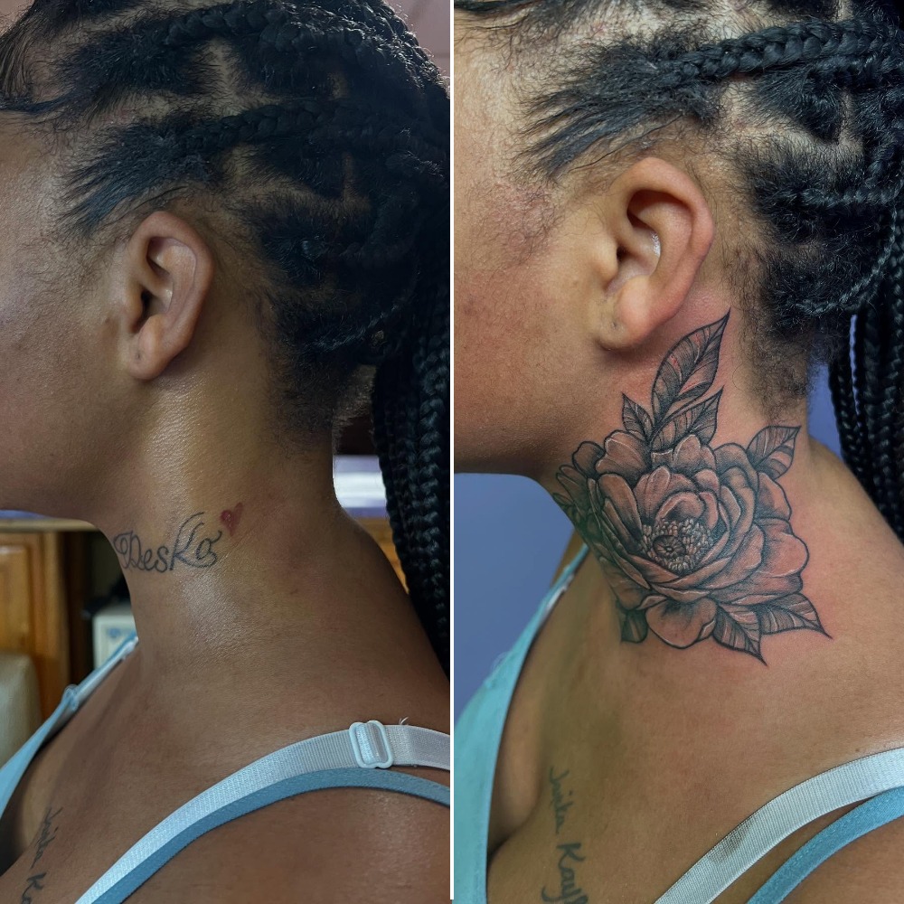 Bold Neck Rose Name Cover-Up Tattoo Tattoo Design