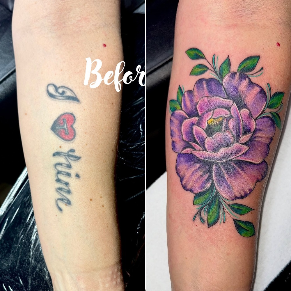 Bold Purple Rose Name Cover-Up Tattoo Tattoo Design