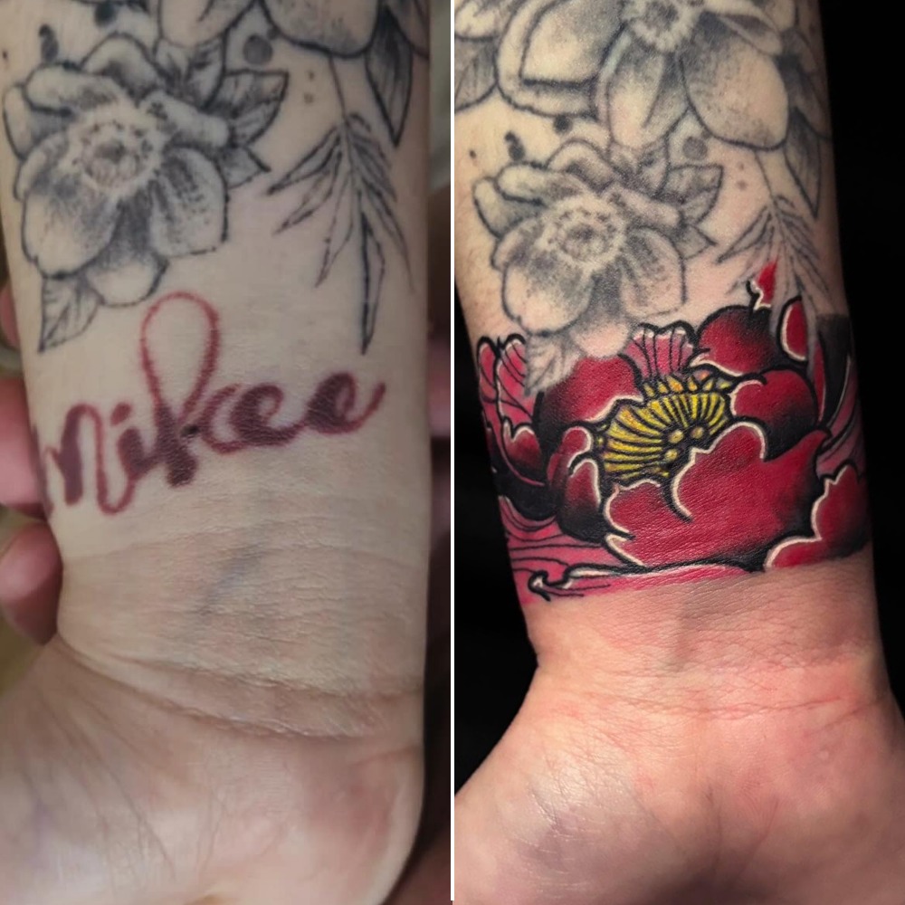 Bold Red Peony Name Cover-Up Tattoo Tattoo Design