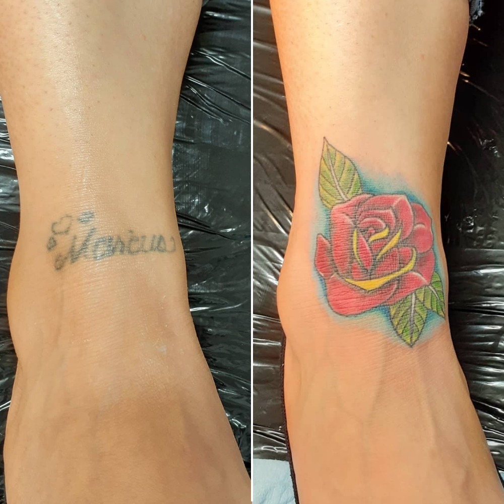 Bold Red Rose Name Cover-Up Tattoo on Foot Tattoo Design