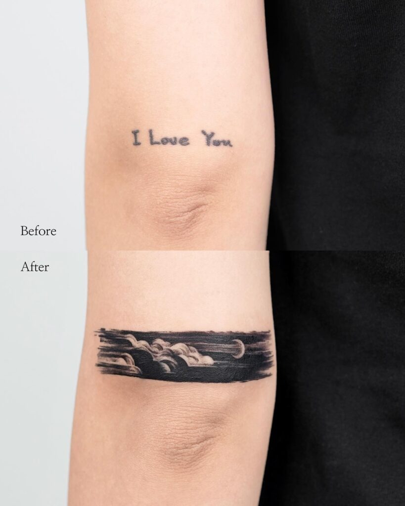 Cloud Band Cover-Up Tattoo Over “I Love You” Tattoo Design