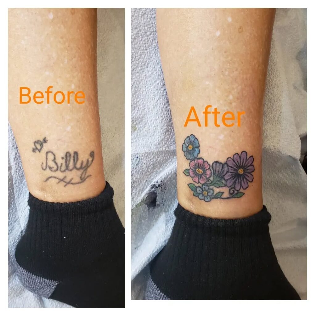 Colorful Flower Cover-Up Over Ankle Name Tattoo Tattoo Design