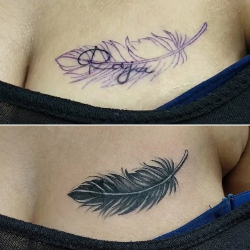 Dark Feather Name Cover-Up Tattoo Tattoo Design