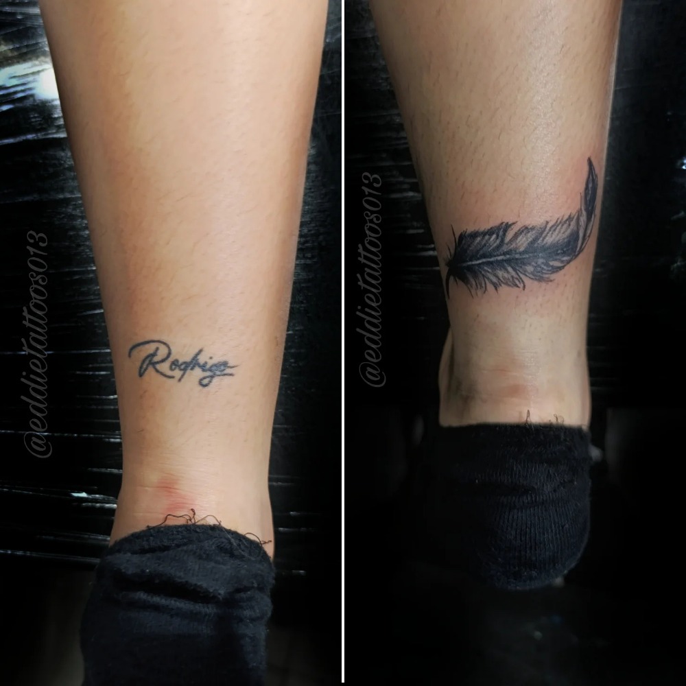 Delicate Feather Name Cover-Up Tattoo Tattoo Design