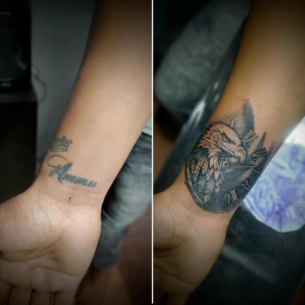 Eagle and Roman Clock Tattoo Covering Wrist Name Tattoo Design