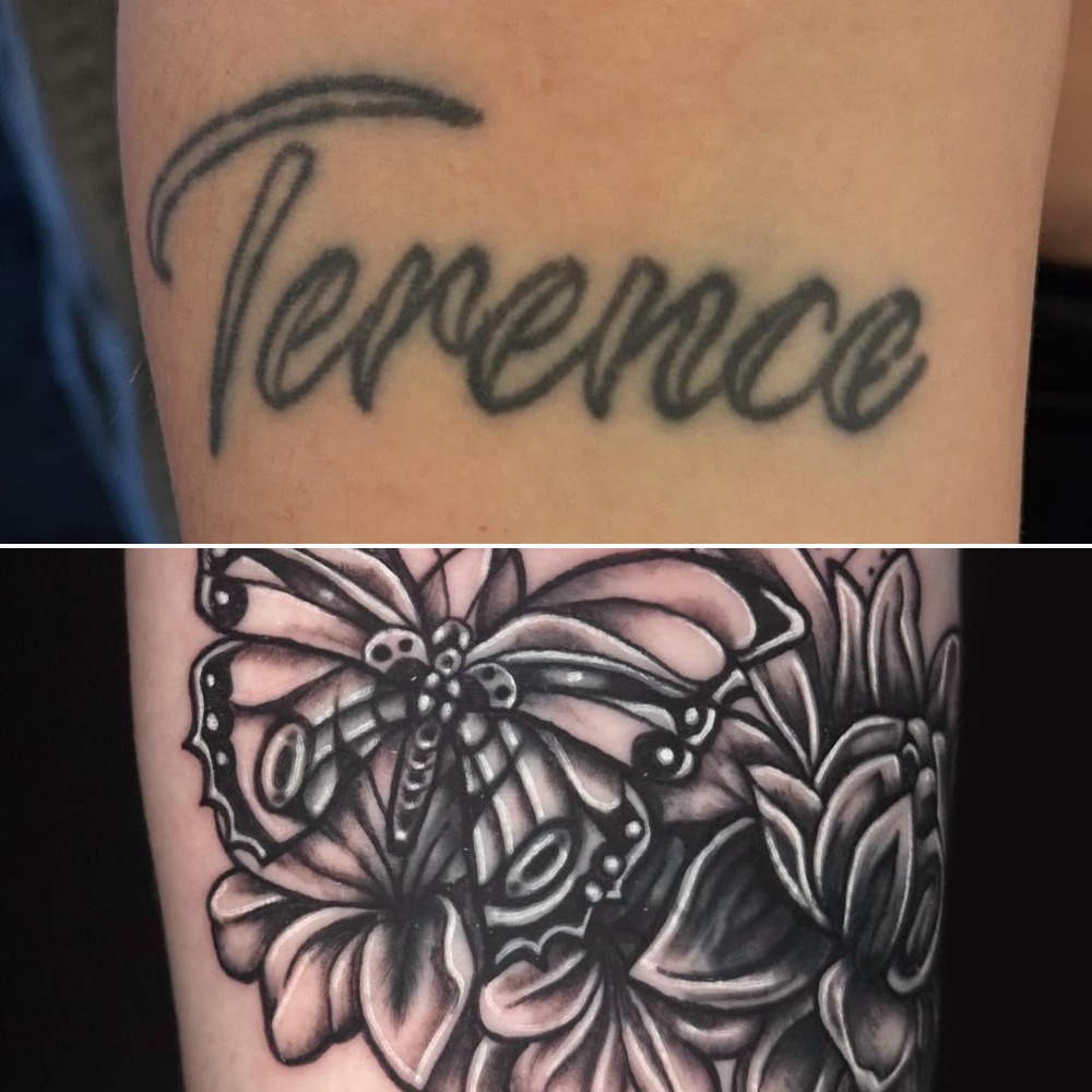 Elegant Butterfly and Flowers Name Cover-Up Tattoo Design