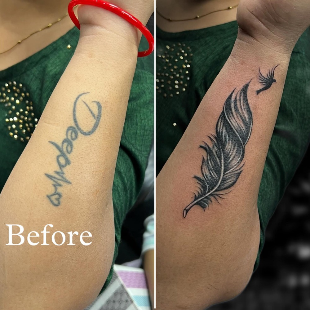 Feather and Bird Forearm Cover-Up Tattoo Tattoo Design