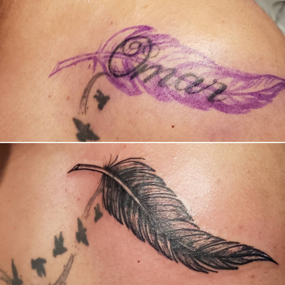 Feather and Birds Shoulder Name Cover-Up Tattoo Tattoo Design