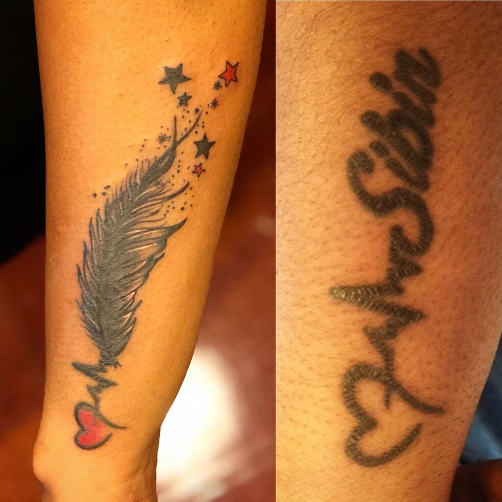 Feather and Stars Name Cover-Up Tattoo Tattoo Design