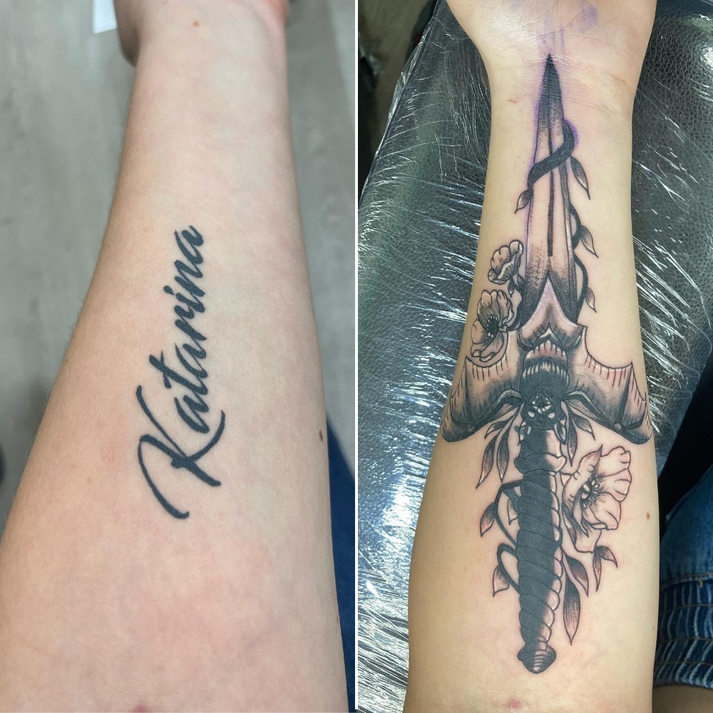 Fierce Dagger and Bat Name Cover-Up Tattoo Tattoo Design