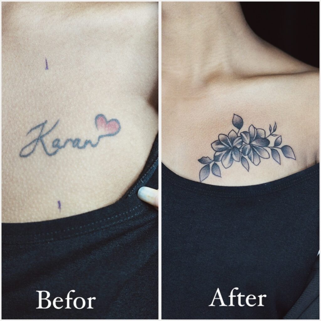 Floral Cover-Up Tattoo Over Collarbone Name Tattoo Design