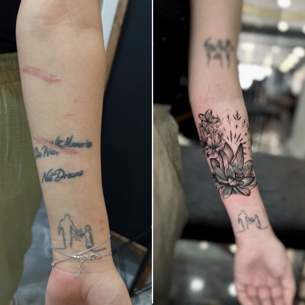 Floral Forearm Tattoo Covering Script and Scars Tattoo Design