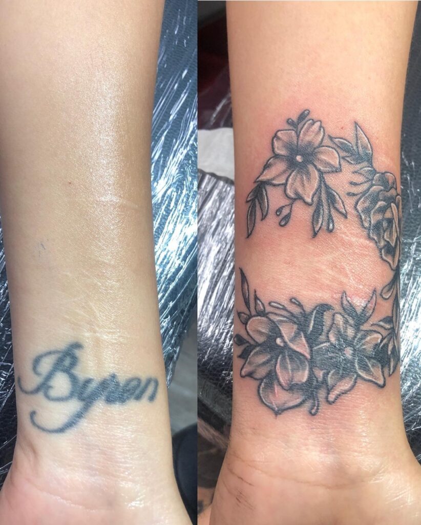 Floral Wrist Band Name Cover-Up Tattoo Tattoo Design