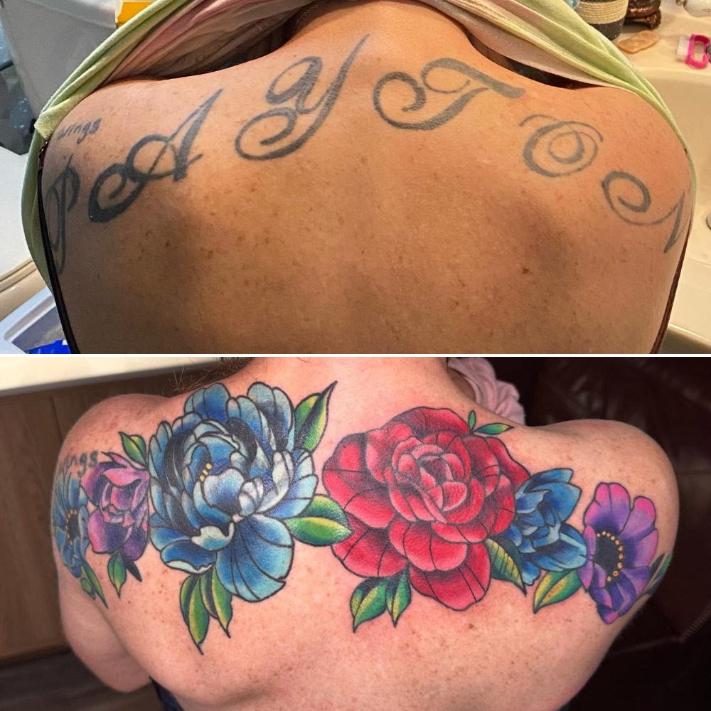 Full Back Floral Burst Name Cover-Up Tattoo Tattoo Design