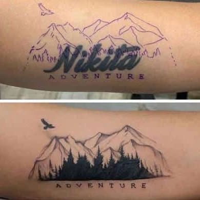 Mountain Forest Name Cover-Up Tattoo Tattoo Design