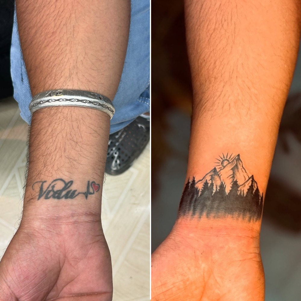 Mountain Forest Silhouette Name Cover-Up Tattoo Tattoo Design