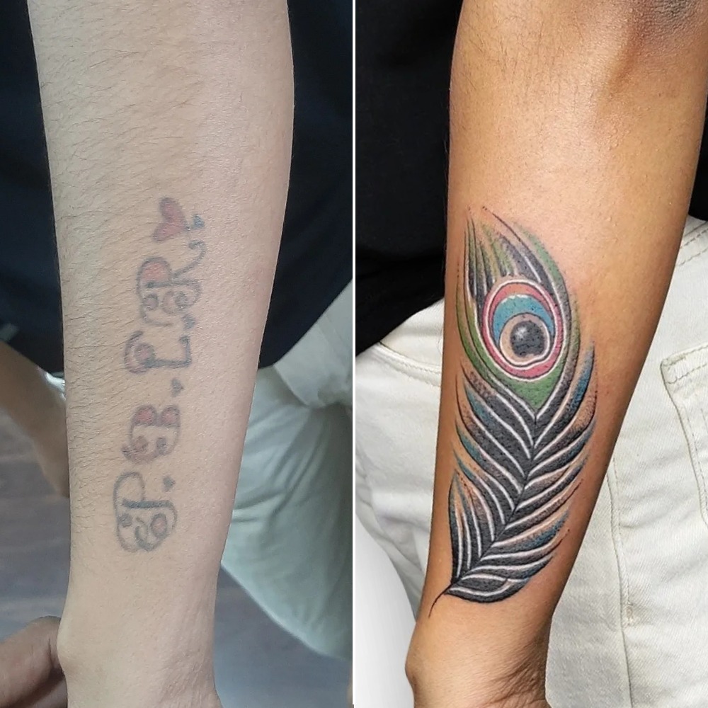 Peacock Feather Name Cover-Up Tattoo Tattoo Design